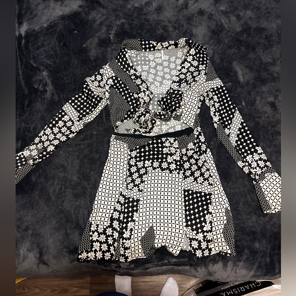 Free People Black and White Long Sleeve Mini Dress